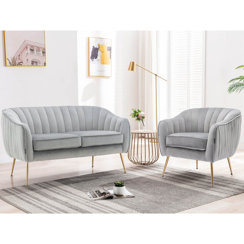 Velvet Accent Chair With Gold Finished Legs, Gray Velvet