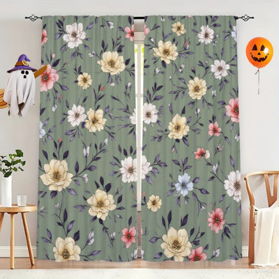 2Pcs Floral Spring Curtains, Vintage Patterned Modern Farmhouse French Country Light Filtering Curtain For Living Room Bedroom Kitchen Rod Pocket Window Drapes, Decor,