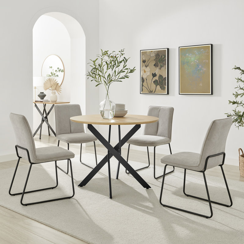 Hadlow Veneer & Metal Round Dining Table With Eubanks Fabric Chairs - Modern Statement Design, 6