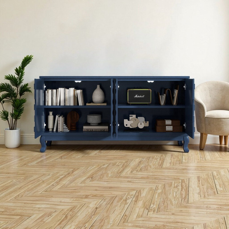 Buffet élégant bleu marine avec portes à motif ondulé - Rangement réglable à quatre portes pour le salon et au-delà