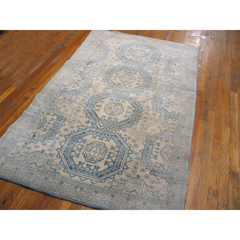 Antique Light Ivory Color Faded Blue Geometric Design Cotton Agra Rug From India