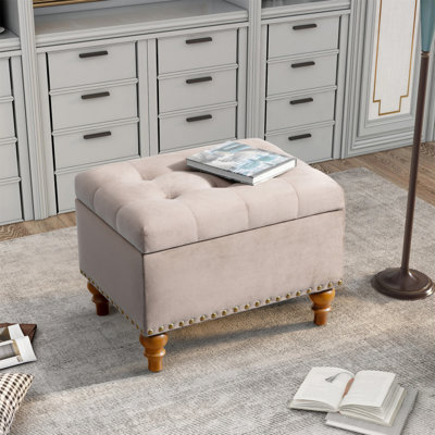 Repose-pieds carré en velours rembourré avec espace de rangement, charnière de soutien cachée avec plateau facile à ouvrir, garniture de rivet (rose)