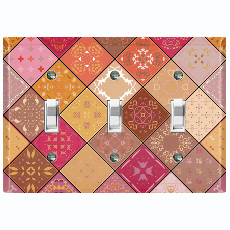 Patterned 3 - Gang Toggle Light Switch Standard Wall Plate, Pink/Orange/Brown