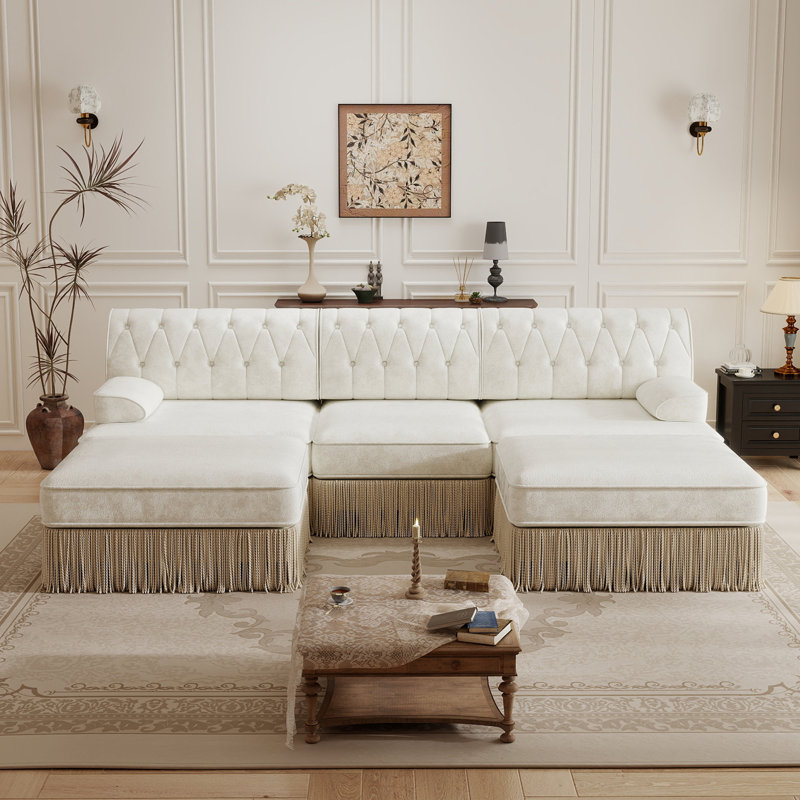 Luxurious Velvet Modular U Shaped Sectional Sofa With 2 Ottomans,3-Seater Chesterfield Sofa With Tufted Design And Tassel Fringe Skirt