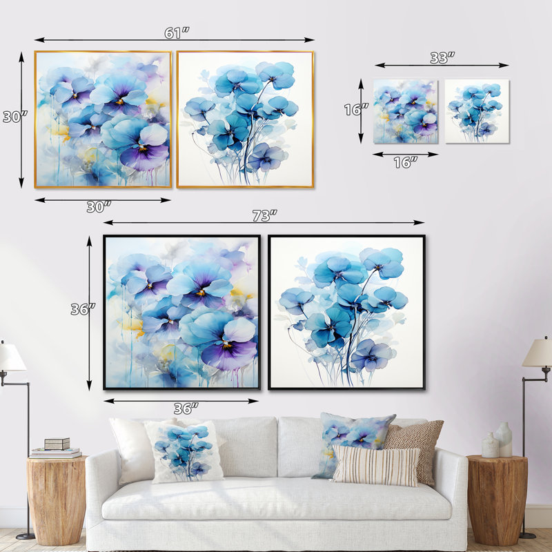 Bleu et mauve Blossum Harmony Pansies Bouquet - Ensemble de 2 collages carrés, Cadre flottant blanc, H 30 po x l 61 po