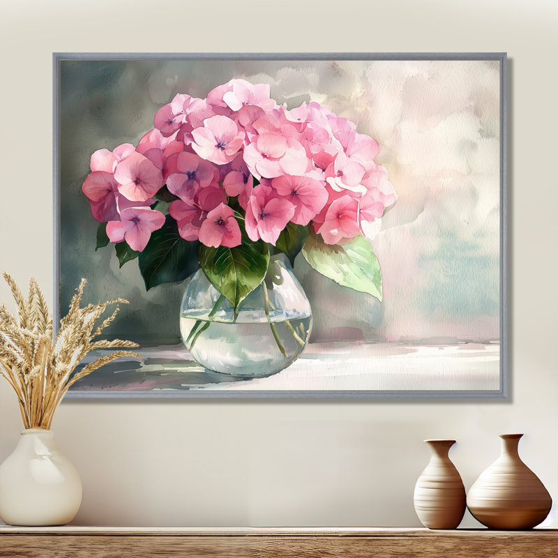 Hortensias dans un vase en verre III - hydrangées, décoration murale, H 30 po x l 40 po, Impression encadrée flottante
