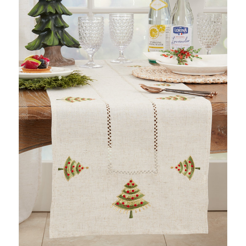 Natural Linen Embroidered Christmas Tree Table Runner, 16" x 90"