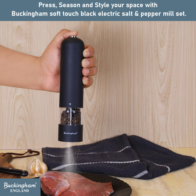 Buckingham Electric Salt & Pepper Set Matte Black Soft Touch Push Button Battery Operated 