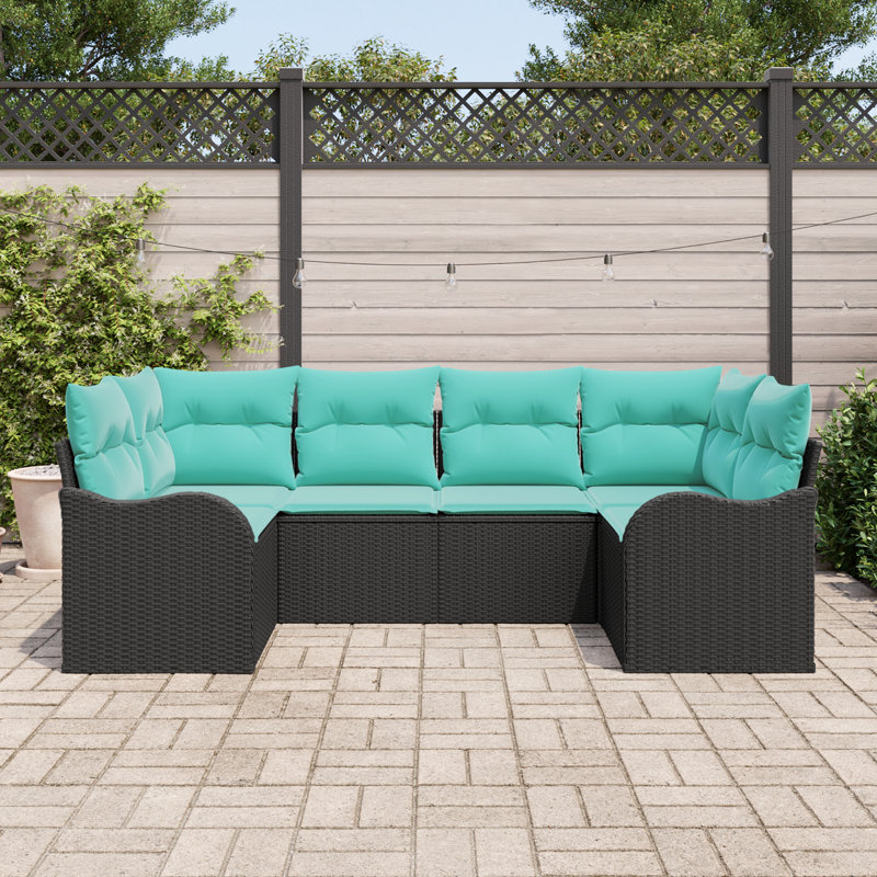 vidaXL Sofa Set with Cushion 6 pcs Black Synthetic: Poly Rattan, Black Frame/Blue Cushion