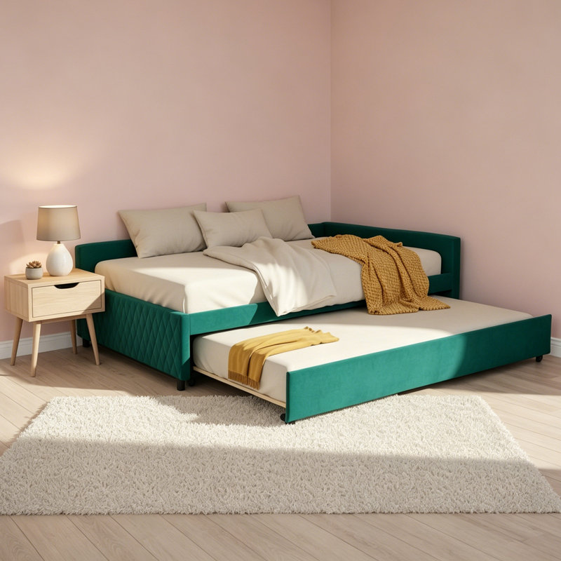 Modern Velvet Upholstered Full Size Daybed with Twin Size Trundle Bed, with Charging Station and Small LED Night Light
