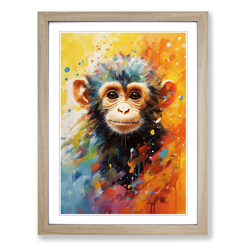 XYZ-FRM-V1223-4538 Monkey Impressionism - Single Picture Frame Print on Wood, 46cm H x 34cm W x 2cm D, Oak
