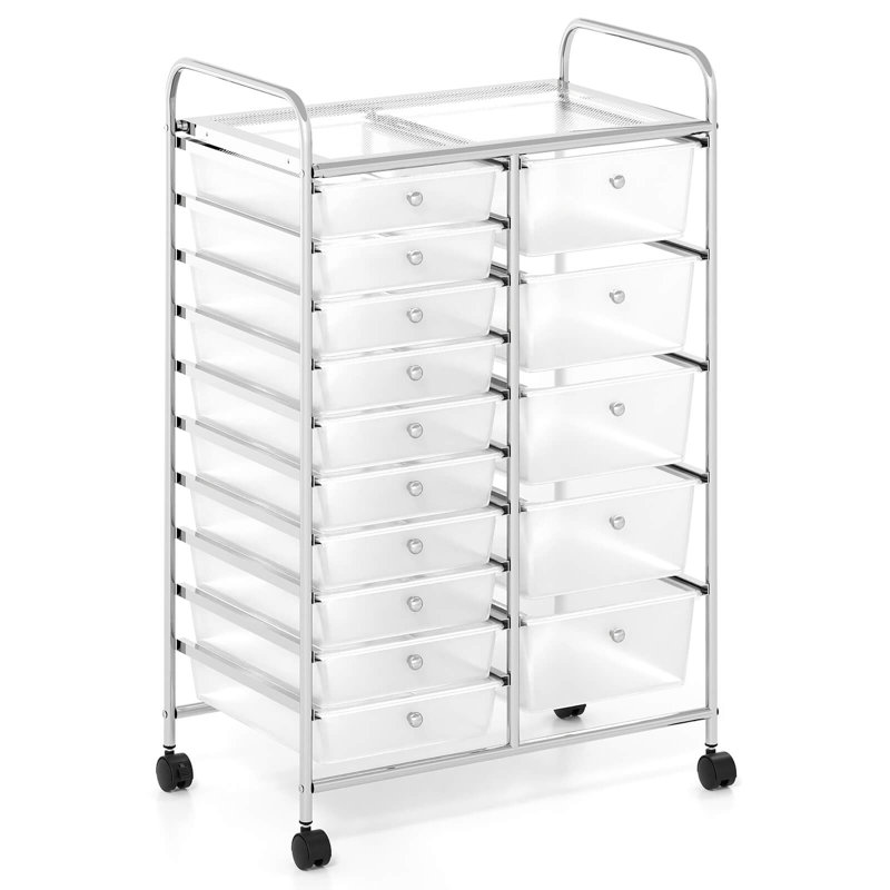 Chariot à 15 tiroirs avec cadre en métal chromé et roues universelles verrouillables transparentes, Transparent