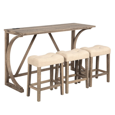 Ensemble de table de bar 4 pièces avec prise de courant, ensemble de table de bar et chaises, ensemble de table de bar avec 3 tabourets rembourrés pour le salon, la salle à manger, la salle de jeux, brun