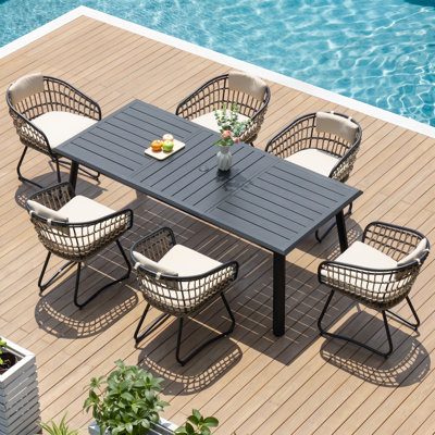 Warran 6 - Person Rectangular Aluminum Dining Set with Cushions and Umbrella Hole (Set of 7)
