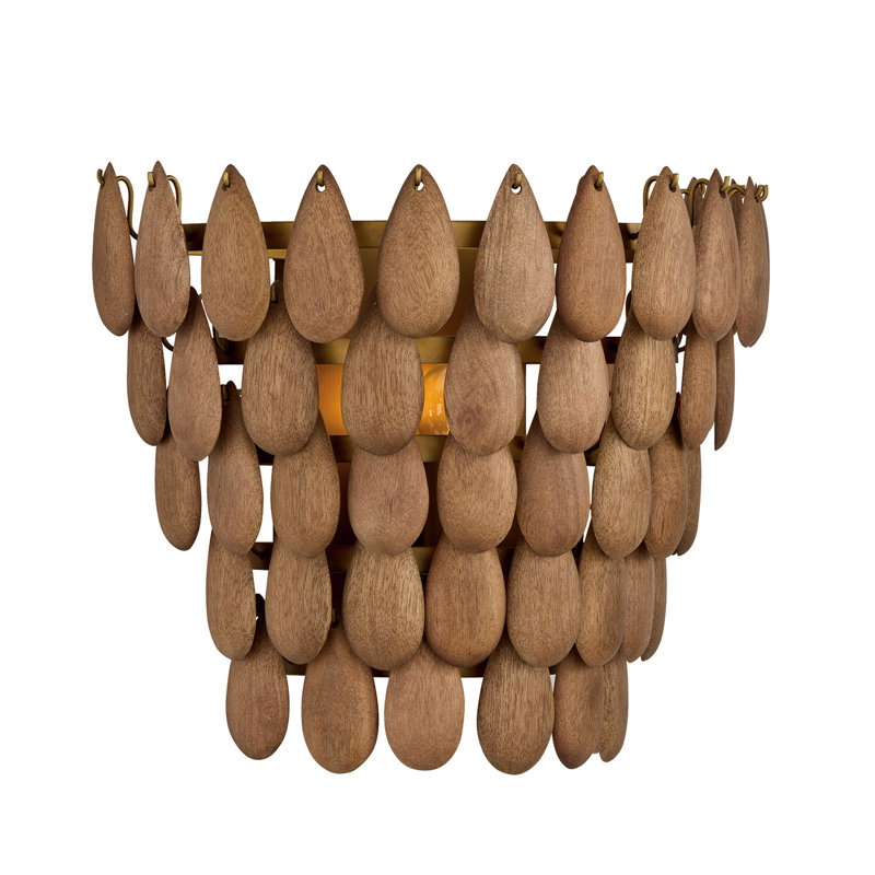 Applique murale 1 lumière H 11,5 po x l 13,5 po en laiton patiné et bois de manguier fabriqués à la main