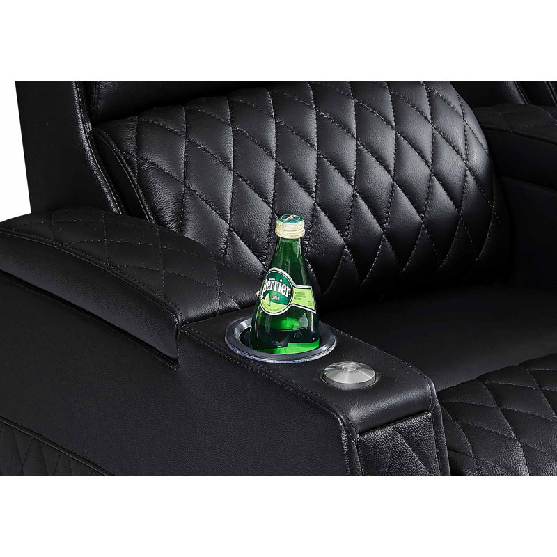 Leather Power Reclining Home Theater Seating with Cup Holder, Black Genuine Leather