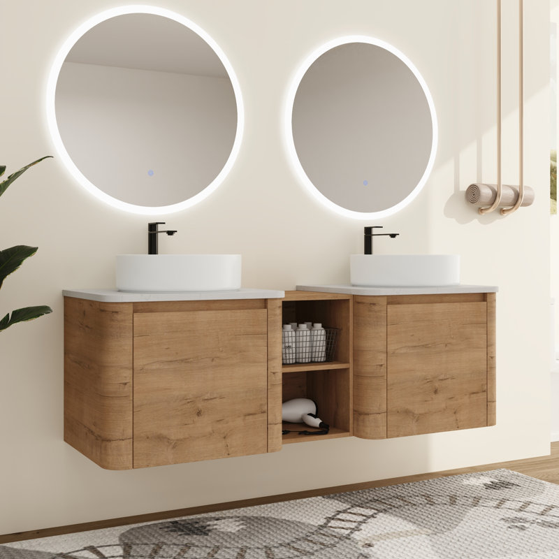 Greythor 60'' Wall-Mounted Double Bathroom Vanity With Ceramic Sink & Storage Shelves,60'' Double Bathroom Vanity Set With Engineered Stone Top