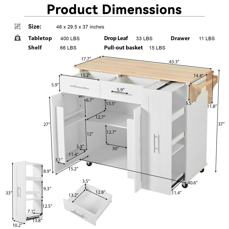 Îlot de cuisine de 46,02 po avec abattant, chariot de rangement de cuisine avec support de rangement interne, chariot de cuisine sur roulettes avec porte-serviettes, tiroirs de cuisine