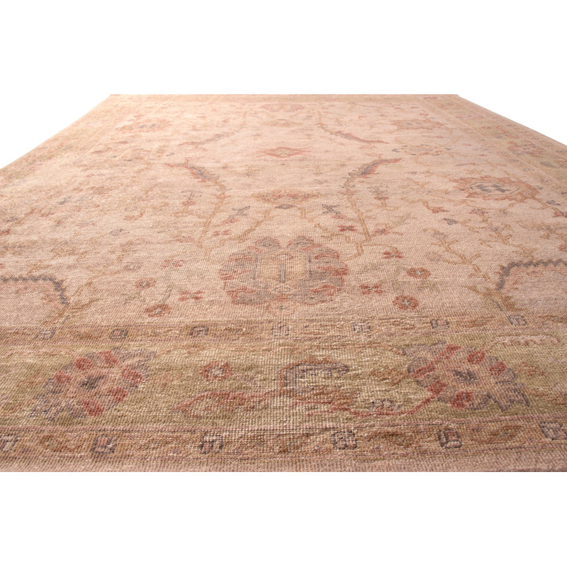 Hand-Knotted Distressed Floral Rug Beige Pink Classic Pattern, Rectangle 10' x 14'