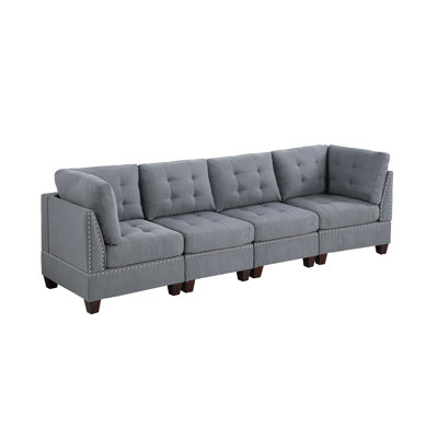 Modular 4Pc Gray Chairs, Linen-Like Fabric Cover, Wood Frame Chairs In And