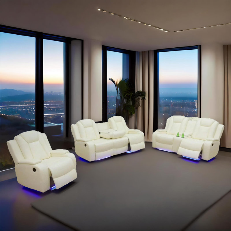 Ember  White Vegan Leather 3-Pieces  Reclining  Sectioanal Living Room Sofa Set With Cup-Holders ,Wireless Charging And LED Lights
