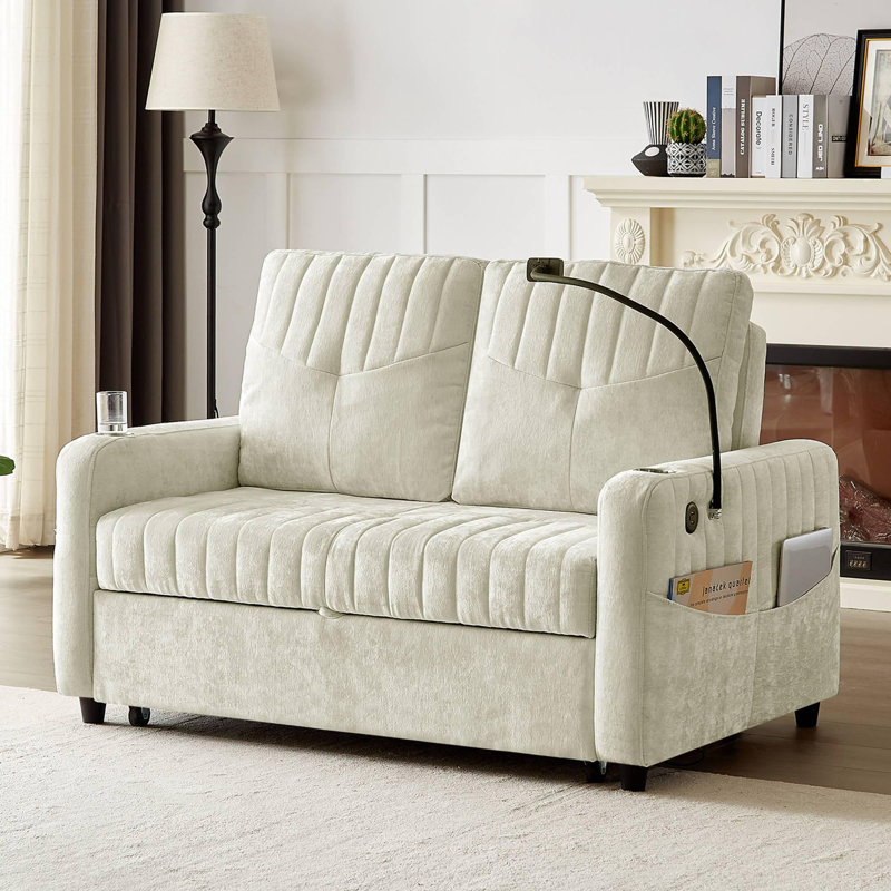 53.9" Modern Loveseat Pull-out Sofa Bed with Adjustable Backrest, Two Cup Holders , a Phone Holder, Three Charging Ports and Side Storage Pockets for Living Room, Beige