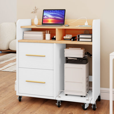 Asharra 35'' W File Cabinet with Power Outlets, Paper Shredder Stand, Drawers, Open Shelves