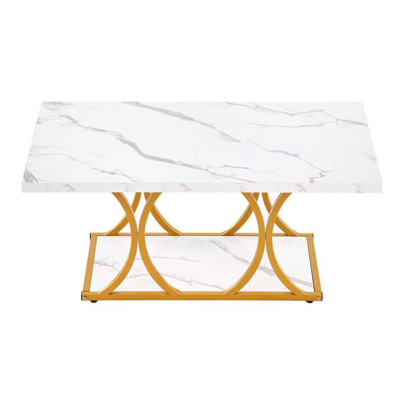 Modern Faux Marble Coffee Table with 2-Tier Storage and Geometric Legs