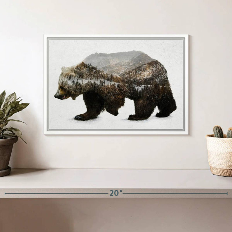 The Kodiak Brown Bear, Floating Frame White, 13" X 9"