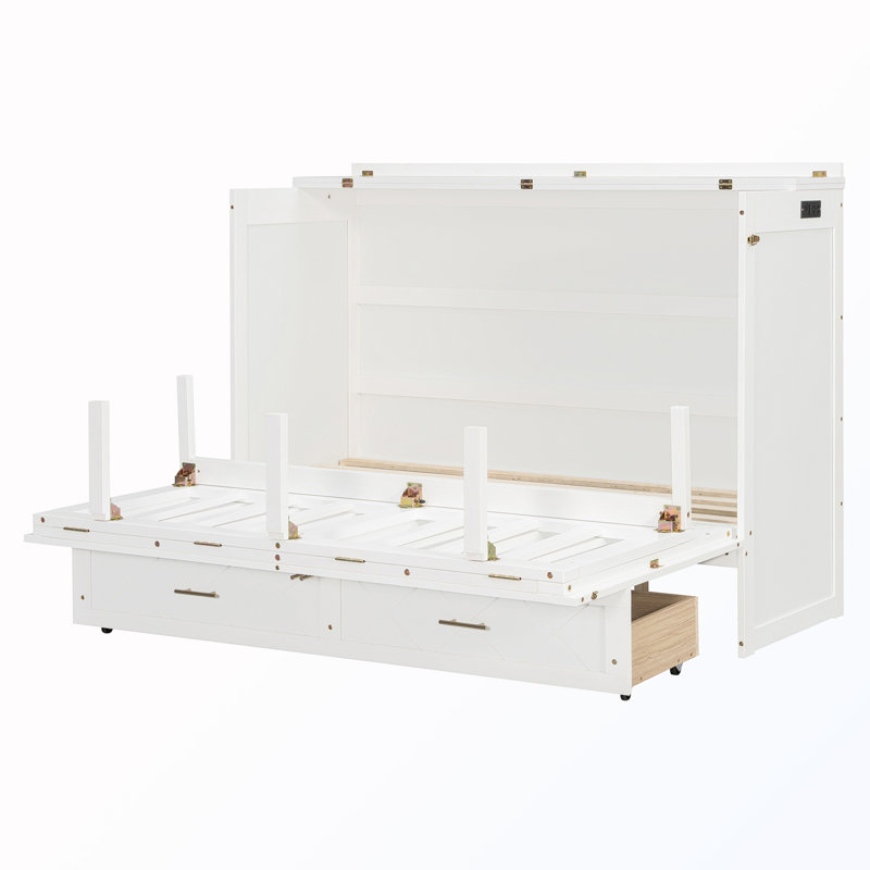 Grand lit escamotable avec tiroir, prises et ports USB, White