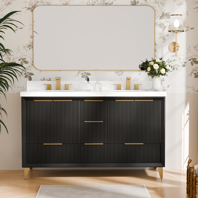 Meuble-lavabo en céramique 60 po avec dosseret, armoire de salle de bain pré-assemblée 60 po, Noir, noir, noir, noir