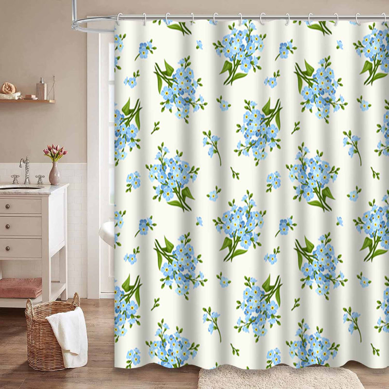 Rideau de douche à fleurs bleues à motif floral ivoire avec 12 crochets, 72" L x 78" W