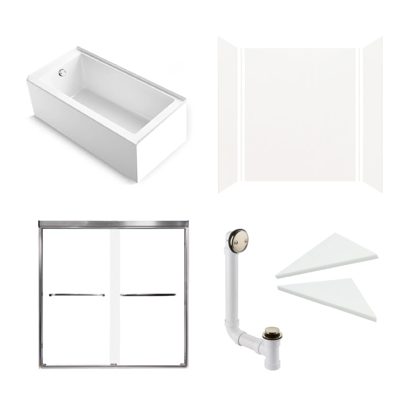 Ensemble de douche / baignoire à coller 6 pièces avec porte et accessoires 60 po x 32 po x 87 po Transolé, blanc / acier inoxydable brossé