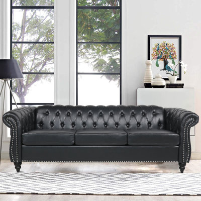 84.6" Faux Leather Upholstered Chesterfield Sofa Tufted Rolled-Arm 3-Seater Couch with Solid Wood Legs