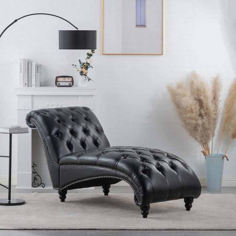 Chaise longue sans accoudoirs touffetée, Faux Leather, Black PU