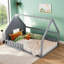 Lit plateforme plateforme en bois massif gris neutre avec fenêtre pour clôture pour chambre d'enfant
