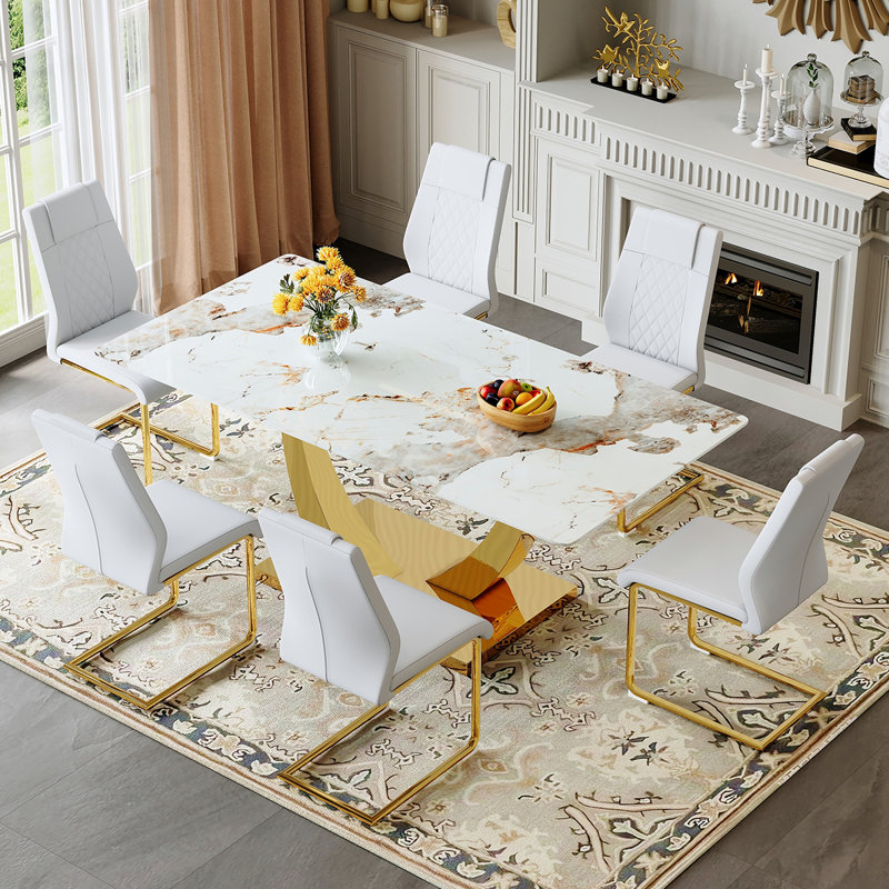 71" Modern Dining Table Set with PU Leather Chairs, Faux Marble Rectangular Table with Gold Metal Base for Dining Room or Kitchen