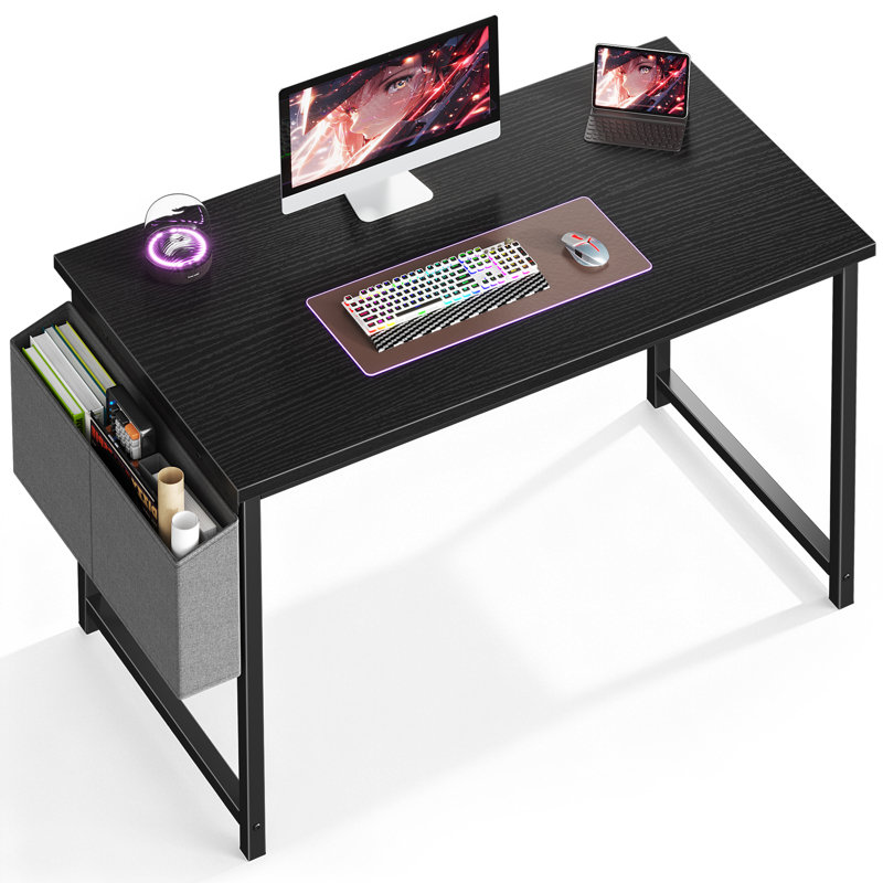 Bureau d'ordinateur de 55 po avec structure en métal, surface imperméable et sac de rangement - idéal pour le bureau, Black