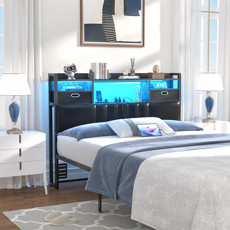45.3'' H Storage Headboards With  Darwers,Outlets,USB Ports And LED Lights, Gray, Twin