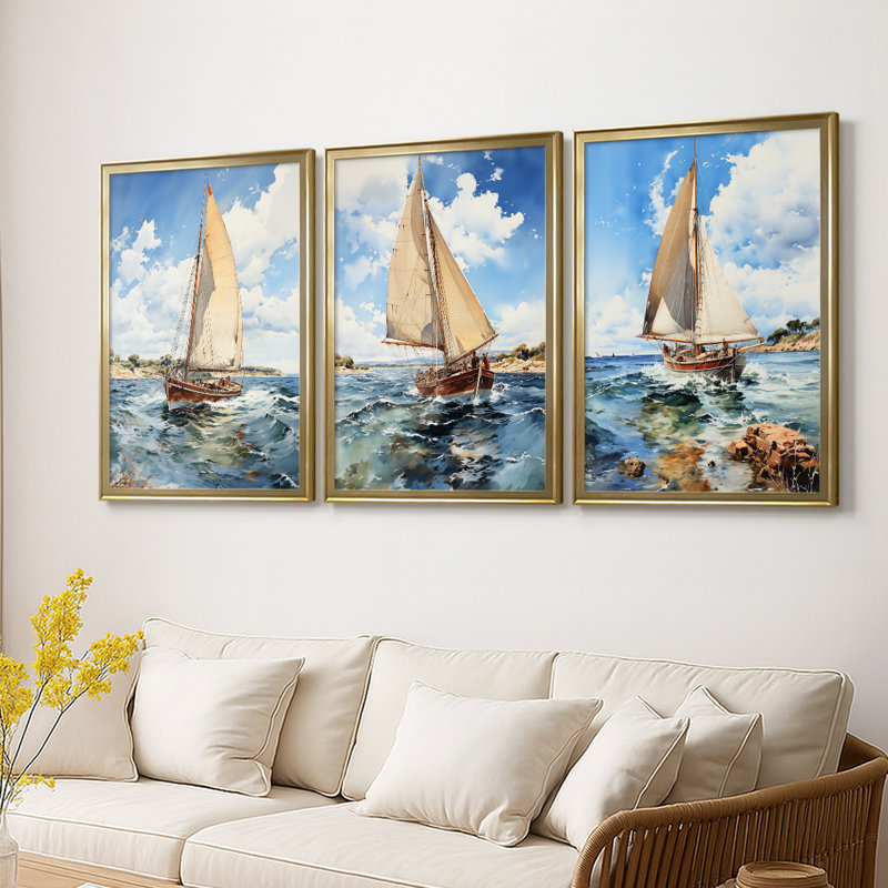 NAUTICAL Series CECXLI - Toile tendue avec châssis encadré - 3 pièces, H 30 po x l 63 po, Doré