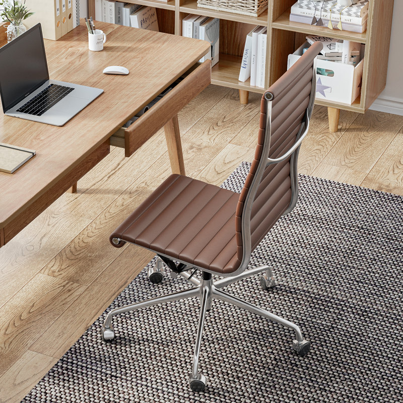 Fauteuil de conférence en cuir véritable à dossier haut avec structure et roues en aluminium, fauteuil de bureau pivotant sans accoudoirs, fauteuil de bureau en cuir fleur