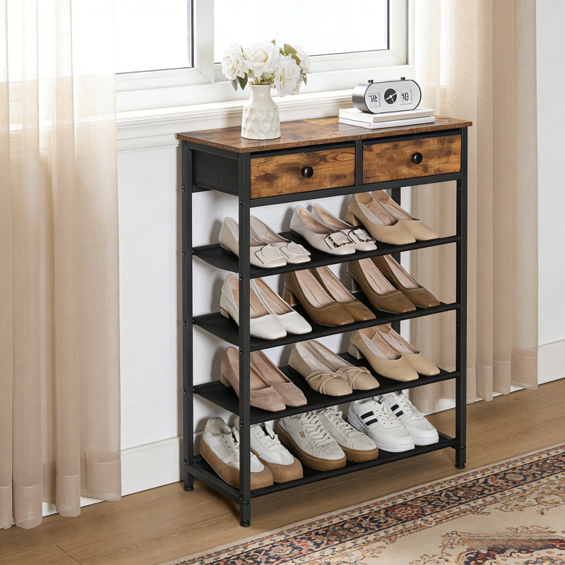 Shoe Rack With 2 Non-Woven Drawers, Entryway Shoe Rack With Oxford Cloth Shelves And Wooden Top, For Closet, Rustic Brown