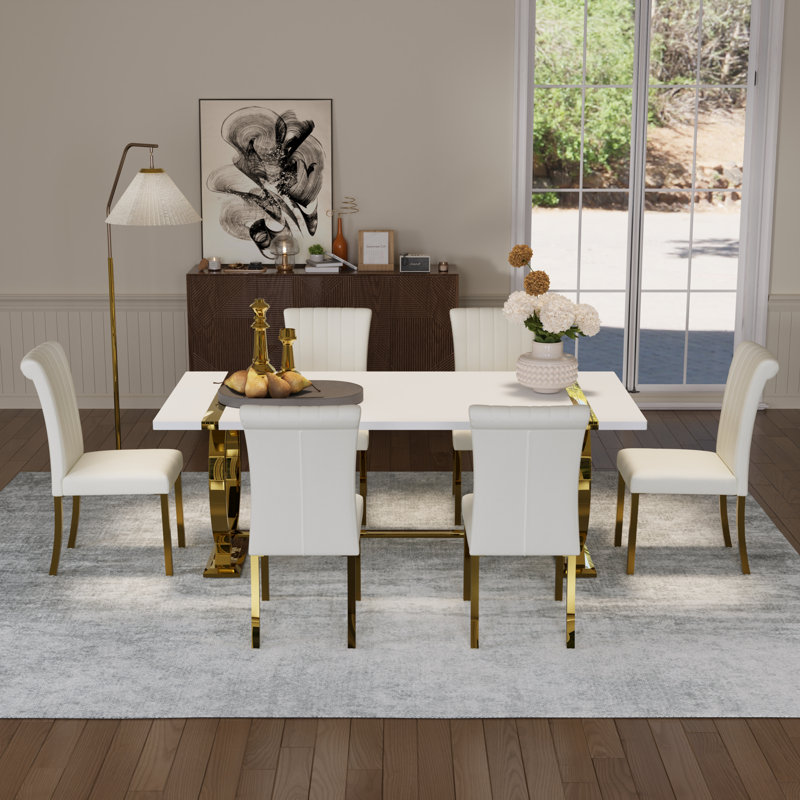 Ensemble de table de salle à manger de luxe 7 pièces blanc et or avec 6 chaises de salle à manger en cuir blanc, Blanc, Doré