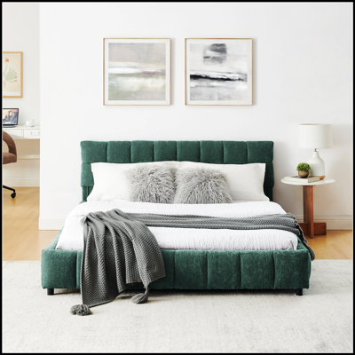 Confortable lit tapissier en chenille avec tête de lit, structure solide et tiroir de rangement pour les chambres modernes