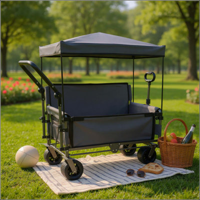 3-In-1 Folding Wagon Cart With Bench Seat & Canopy & Storage 500Lbs Heavy-Duty 180L Capacity All-Terrain Wagon For Camping Beach Sports & Garden