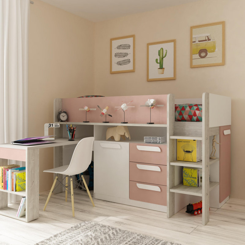 Loren European Single (90 x 200cm) 3 Drawer Mate's & Captain's Mid Sleeper Loft Bed Bed with Bookcase, Grey/Pink