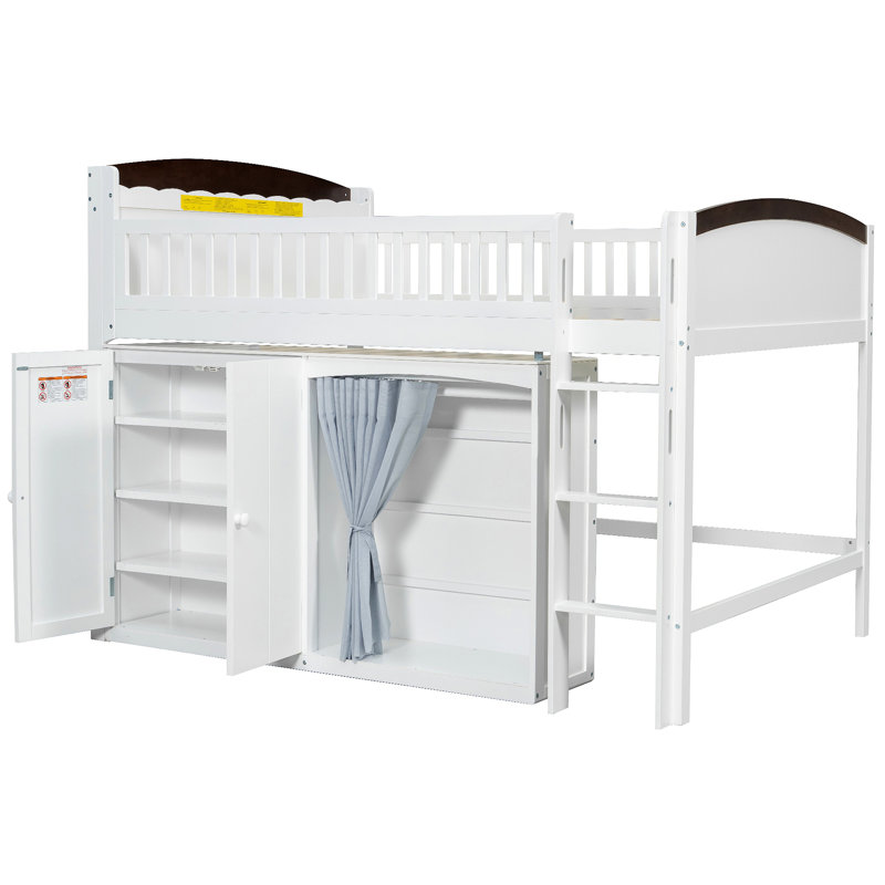 Lit mezzanine avec armoire de rangement, garde-robe et DEL, Blanc, Lit double