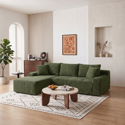 Canapé d'angle en L Cloud sans ossature, méridienne gauche de 239 cm (94,06 pouces), canapé modulaire en velours côtelé avec poches de rangement sur les accoudoirs, assise profonde, sans assemblage, idéal pour les salons et les appartements - Vert
