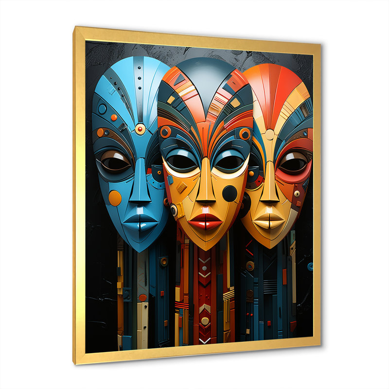 Masques de tribus mystiques d'Afrique sur toile, Cadre doré simple, H 32 po x l 24 po x P 1 po