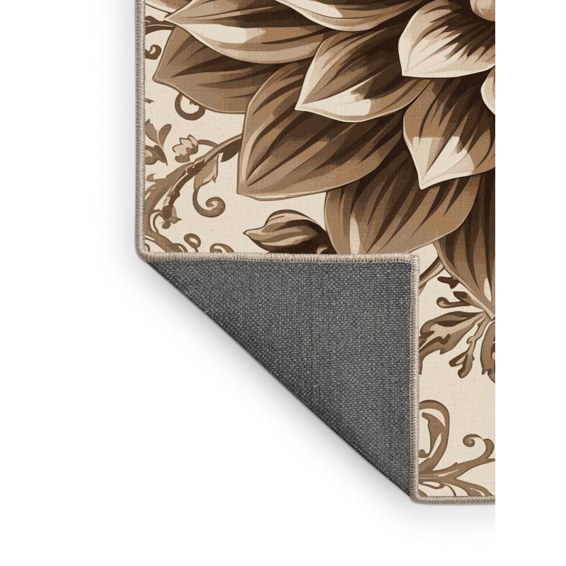 Tapis floral moelleux et doux à motif floral dahlia beige - reliure beige, 2 pi x 3 pi